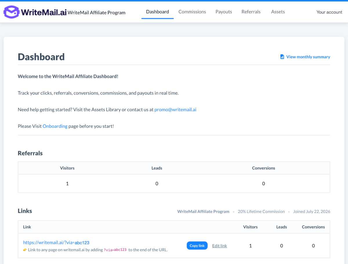 The affiliate dashboard: a referral link with Copy link, and the visitors, leads and conversions it brought.