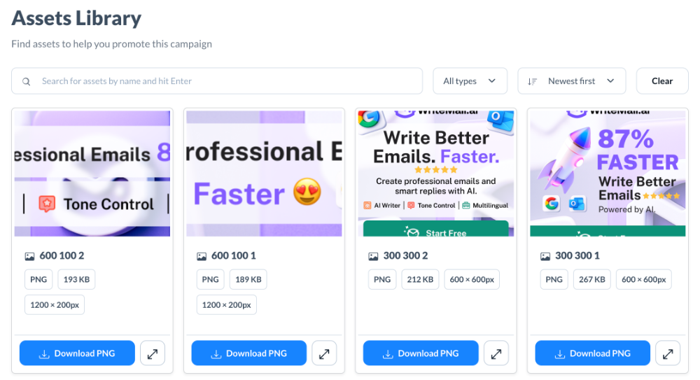 Assets tab: searchable asset cards showing format, file size and dimensions, each with a Download PNG button.