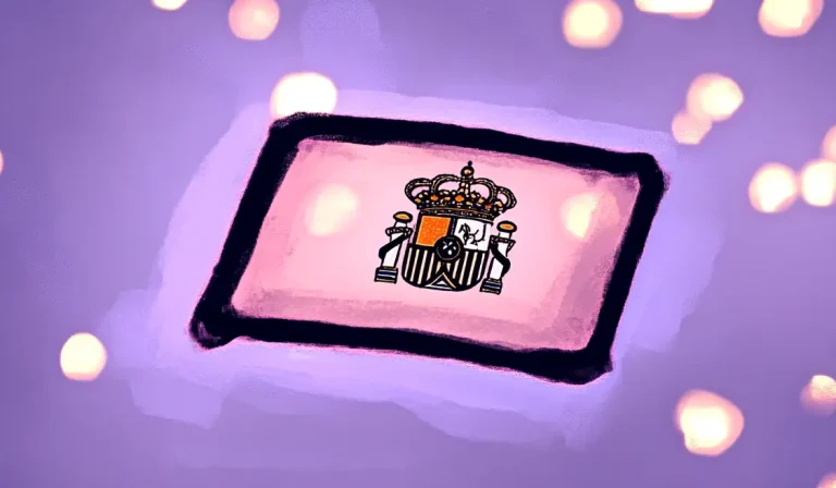 An envelope with a crown on a purple background, symbolizing professionalism and authority in Spanish email etiquette.