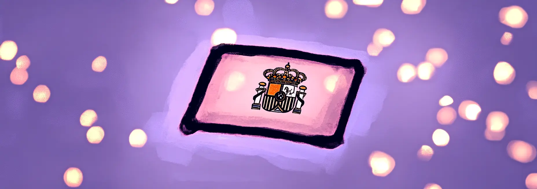 An envelope with a crown on a purple background, symbolizing professionalism and authority in Spanish email etiquette.