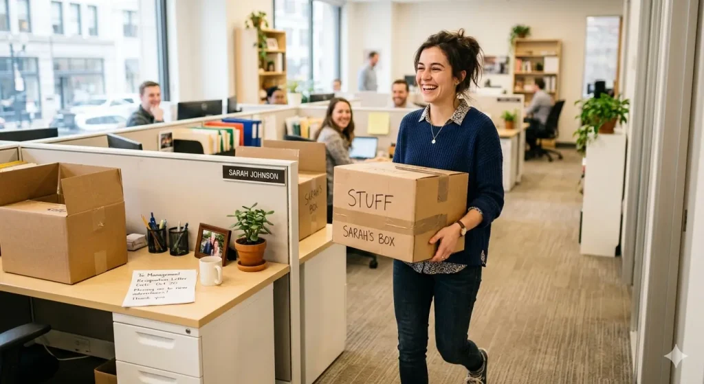 Professional carrying moving boxes while leaving an office, representing job resignation